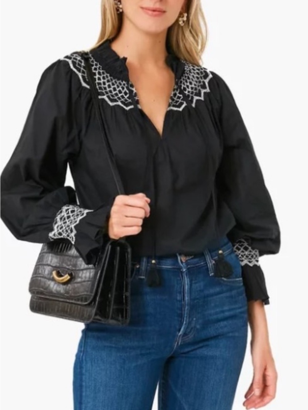 Figue Embroidered Black Peasant Blouse - Women's Top